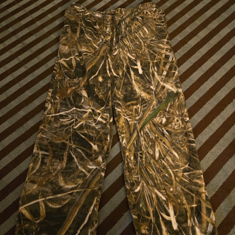 Realtree Fleece Wide Leg Camo Pants Men’s Size Large Drawstring Hunting Vintage